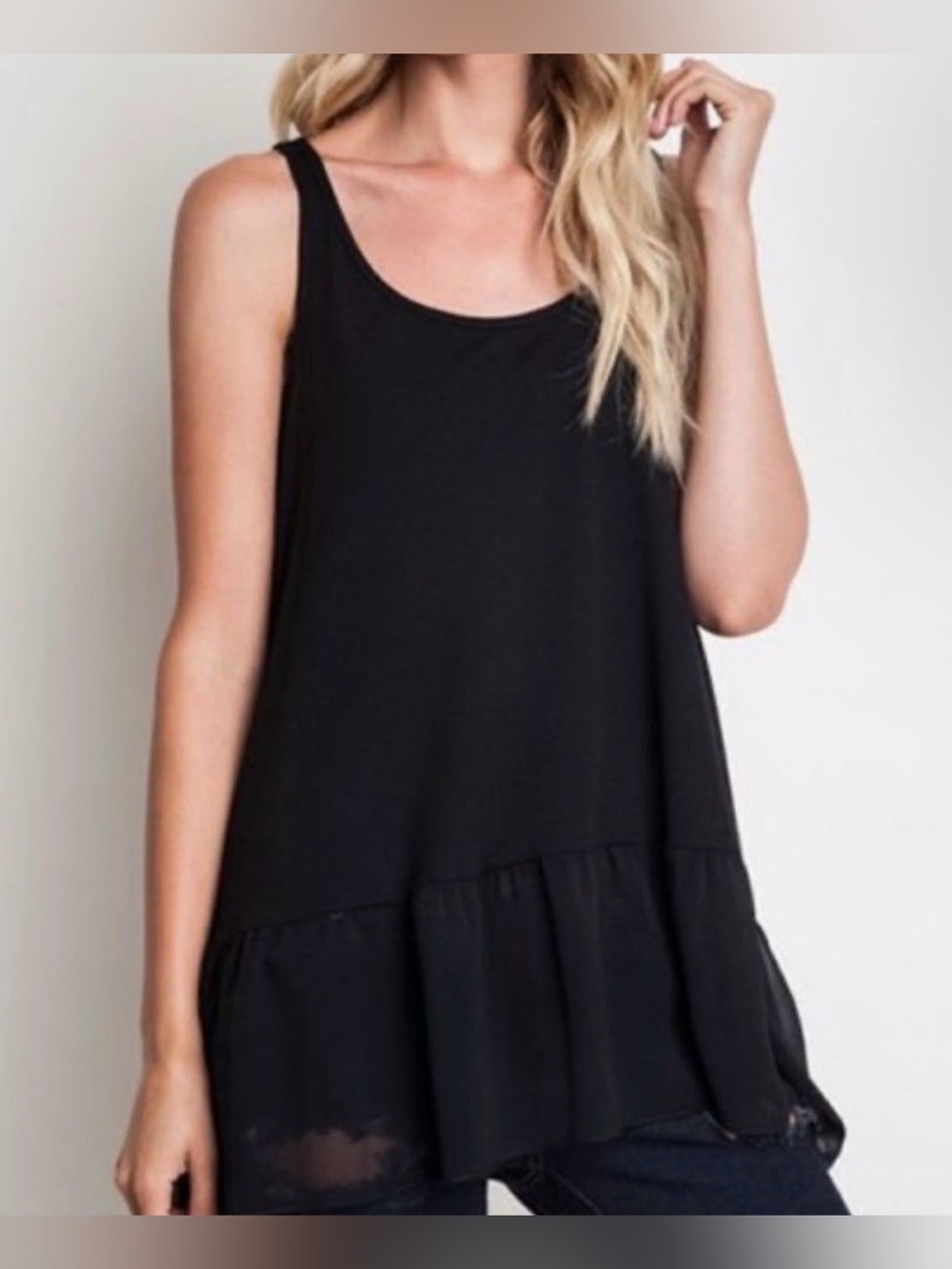 Umgee Black Ruffle Hem Extender Tank Top Boutique Medium Ribbed